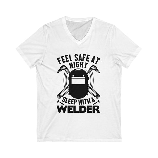 Feel Safe At Night, Sleep With A Welder Unisex Short Sleeve V-neck Tshirt