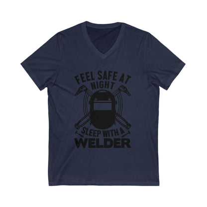 Feel Safe At Night, Sleep With A Welder Unisex Short Sleeve V-neck Tshirt